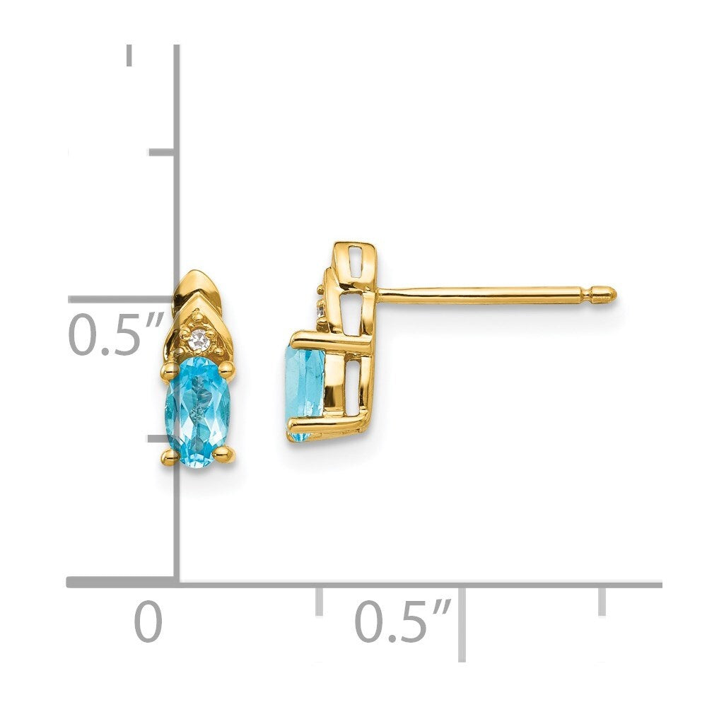 14k Yellow Gold Blue Topaz and Diamond Stud Earrings Gift for Women