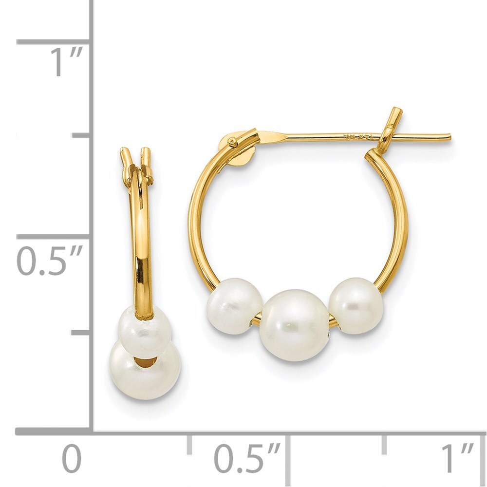 14k Yellow Gold White Semi-round Freshwater Cultured 3 Pearl Hoop Earrings