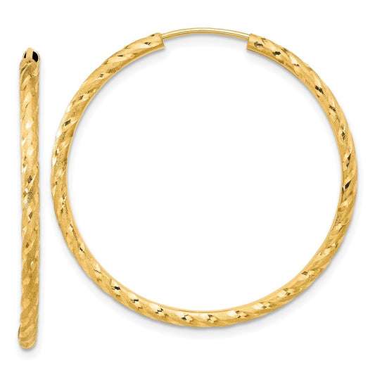 14k Yellow Gold Polished and Satin Diamond-Cut 2mm Endless Hoop Earrings