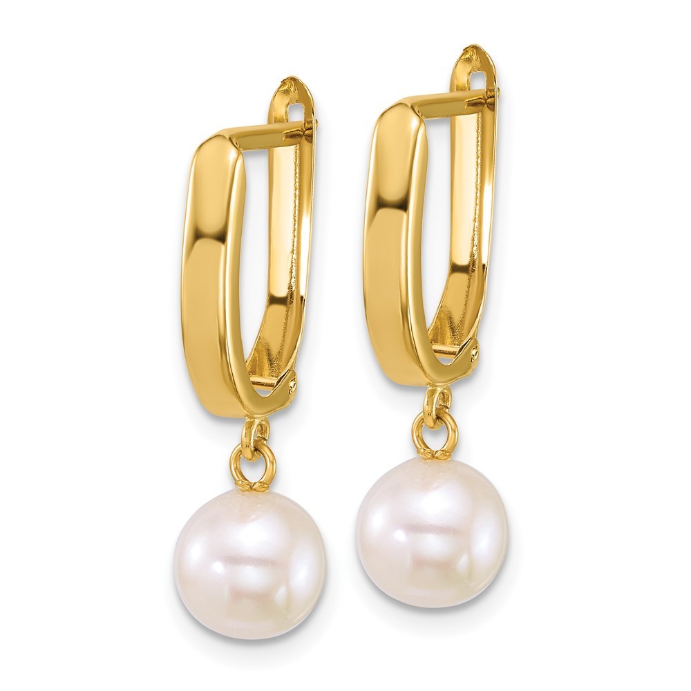 14k Yellow Gold 7-8mm Round White Freshwater Cultured Pearl Dangle Hoop Earrings