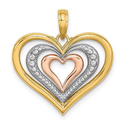 14k Two-tone Gold White Rhodium Textured Polished Triple Hearts Charm Pendant