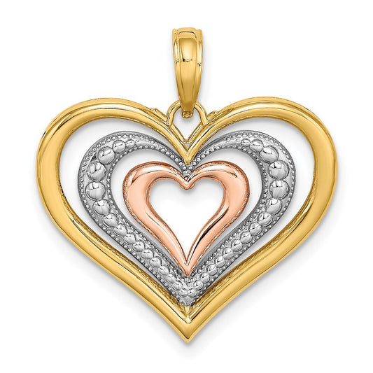 14k Two-tone Gold White Rhodium Textured Polished Triple Hearts Charm Pendant