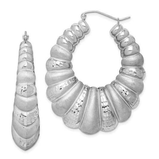 Sterling Silver Rhodium-plated Satin & Diamond-cut Shrimp Oval Hoop Earrings
