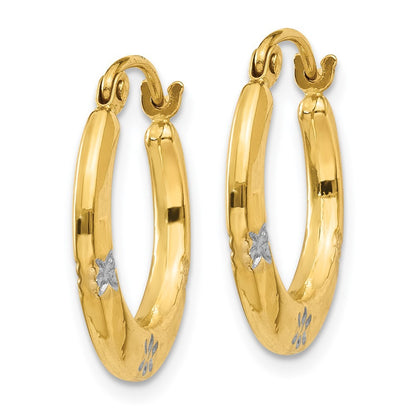 14k Yellow Gold & Rhodium Flowers Hollow Hoop Earrings