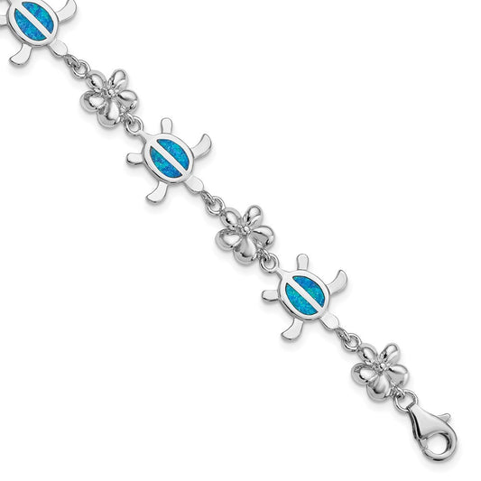 Sterling Silver Rhodium-plated  7" Created Blue Opal Tortoise Flower Bracelet
