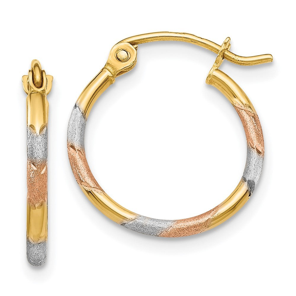 14k Yellow Gold w/White and Rose Rhodium 1.5mm Satin & Diamond-Cut Hoop Earrings