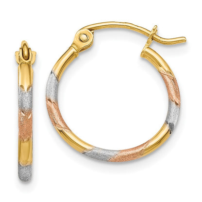 14k Yellow Gold w/White and Rose Rhodium 1.5mm Satin & Diamond-Cut Hoop Earrings