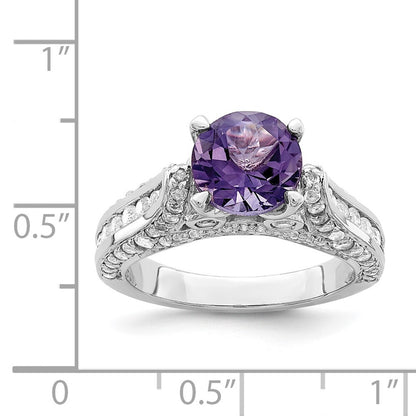 Sterling Silver Rhodium-plated 8mm Amethyst & White Topaz Ring Size 7