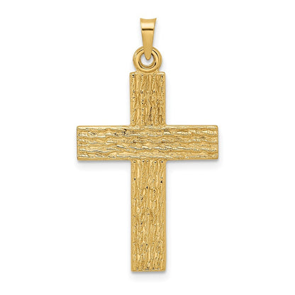 14k Yellow Gold Polished Wood Texture Solid Cross Pendant