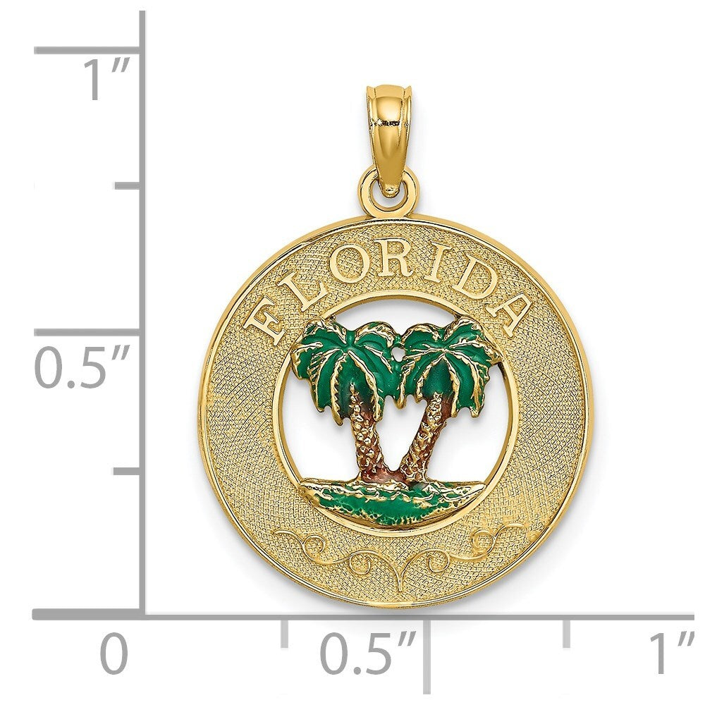 14k Yellow Gold Florida Enamel Palm Trees Circle Charm Pendant for Women