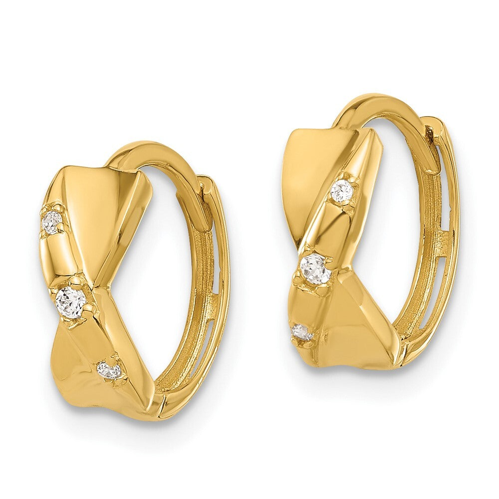 14k Yellow Gold Polished Cubic Zirconia Criss Cross Twist Hinged Hoop Earrings