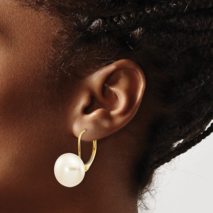 14k Yellow Gold 10-11mm Button Freshwater Cultured Pearl Leverback Earrings