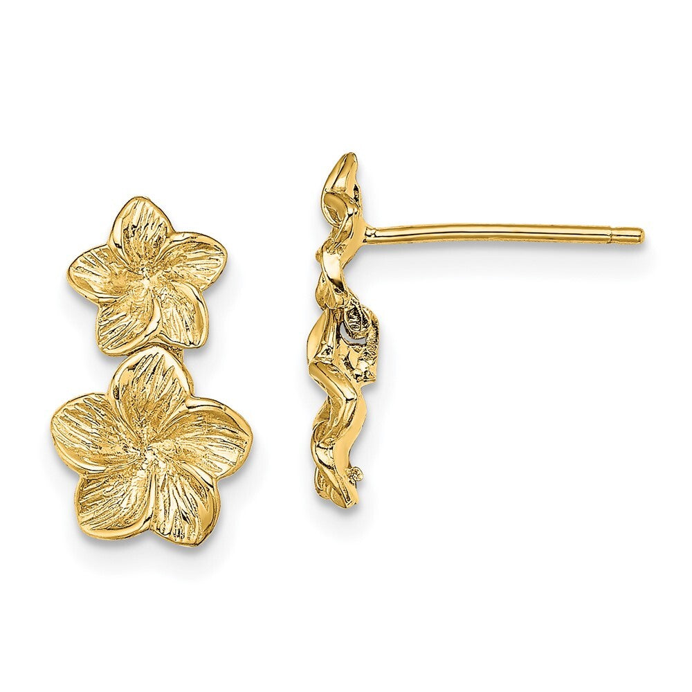14k Yellow Gold Double Plumeria Flower Dangle Earrings Gift for Women