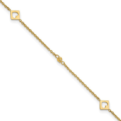 14k Yellow Gold Polished Cut-out Hearts and Diamond-cut Beads 10" Anklet