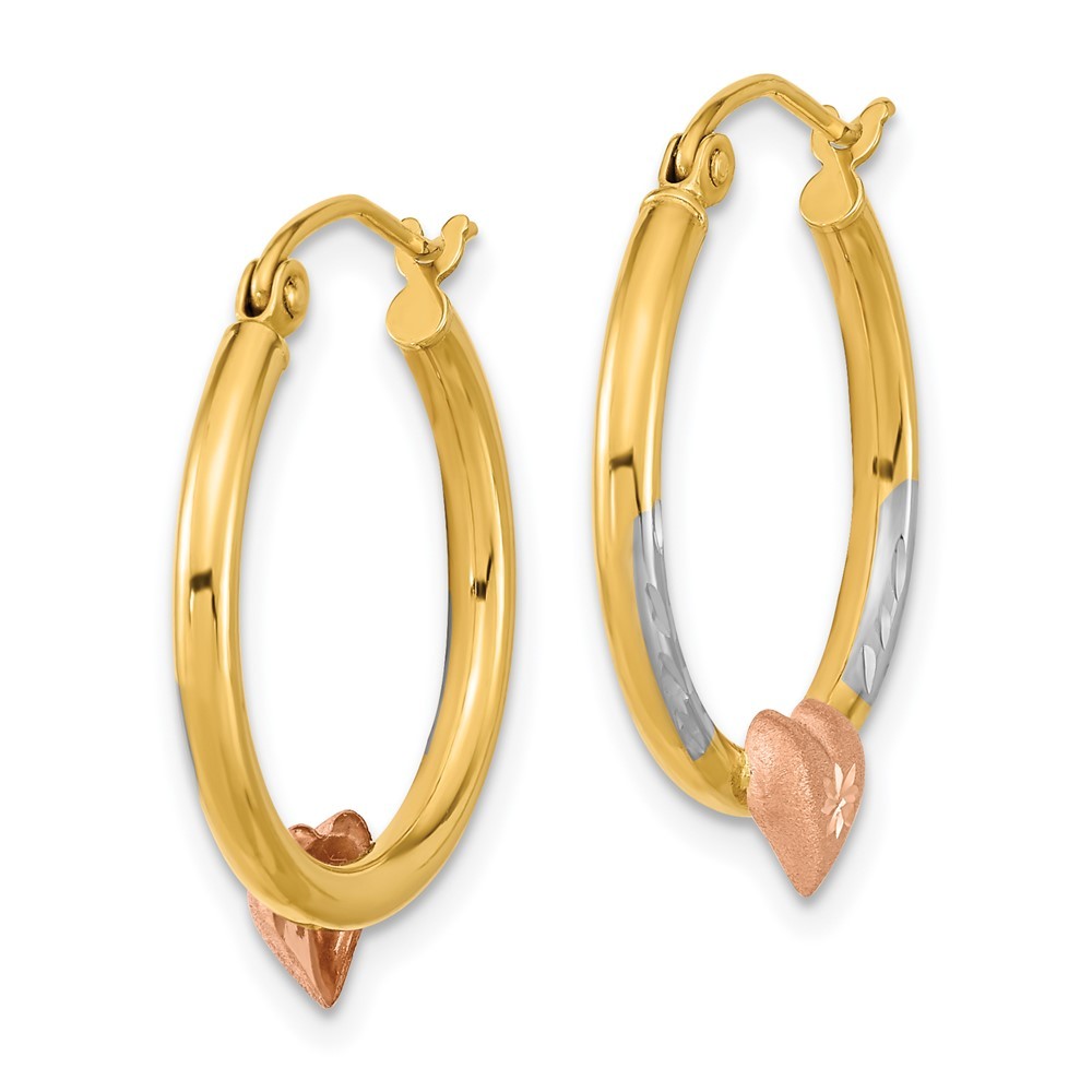 14k Two-tone with White Rhodium Diamond-Cut Heart Hoop Earrings