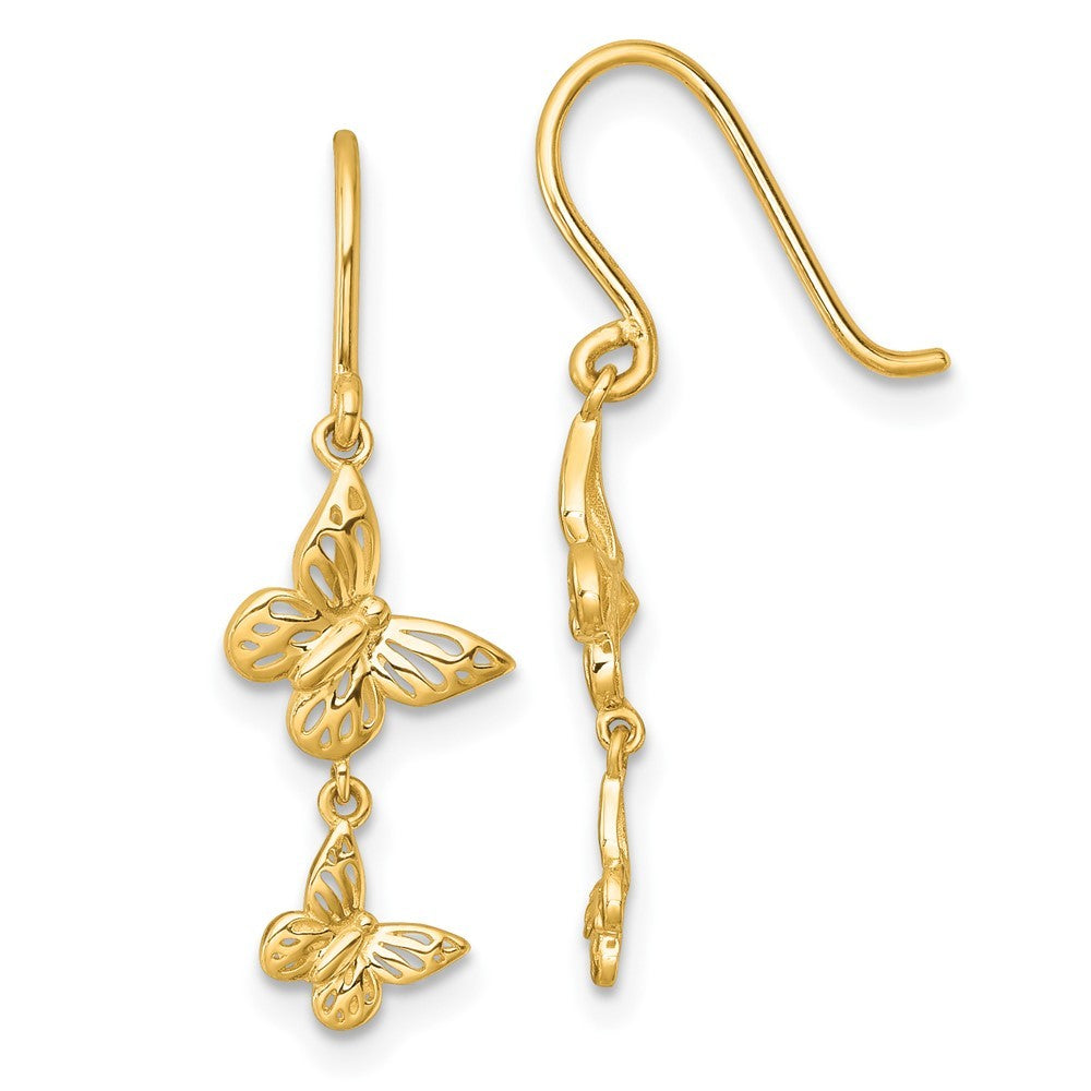 14k Yellow Gold Polished Double Butterfly Shepherd Hook Dangle Earrings