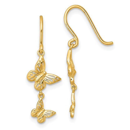 14k Yellow Gold Polished Double Butterfly Shepherd Hook Dangle Earrings