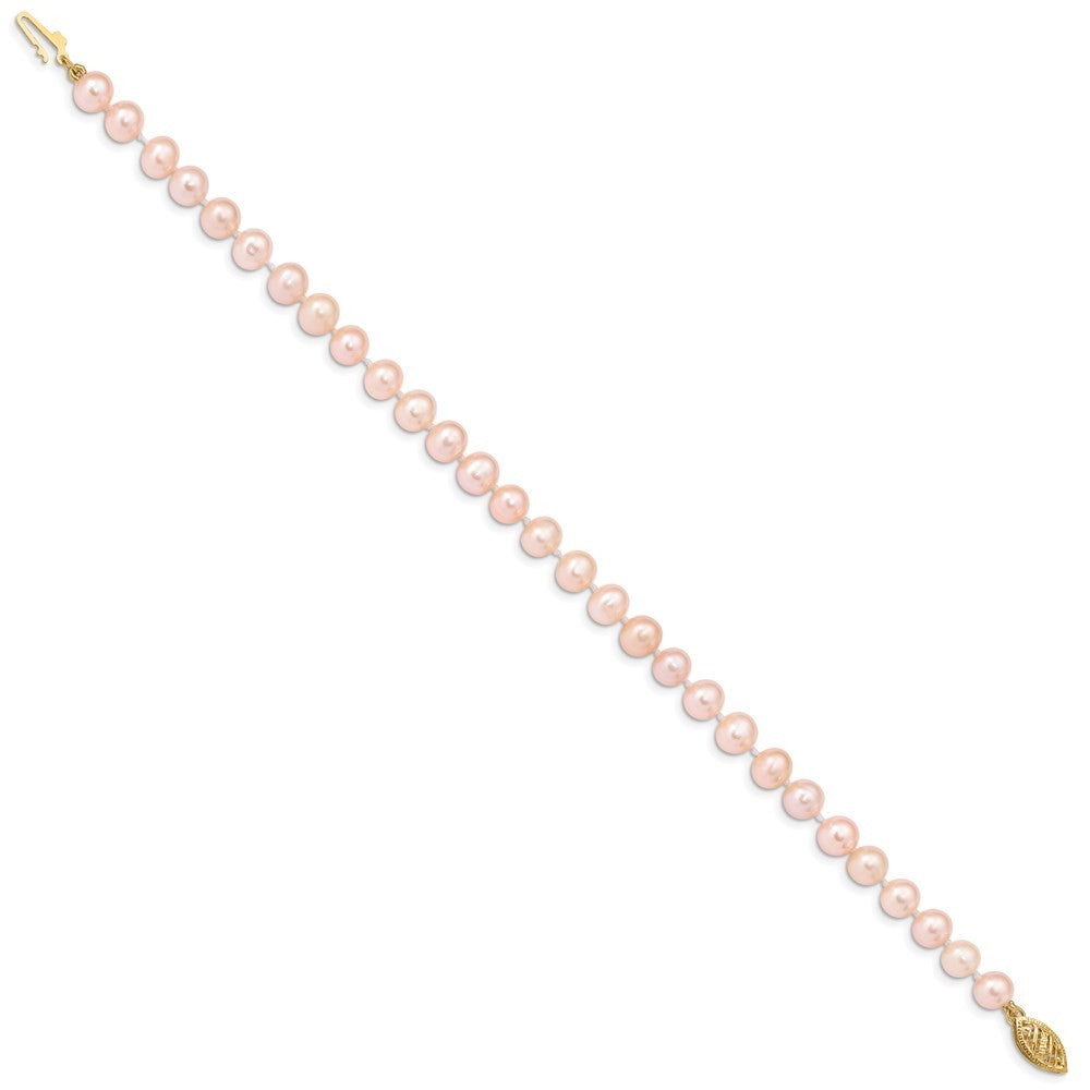 14k Yellow Gold 5-6mm Pink Near-Round Freshwater Cultured Pearl 7.5" Bracelet