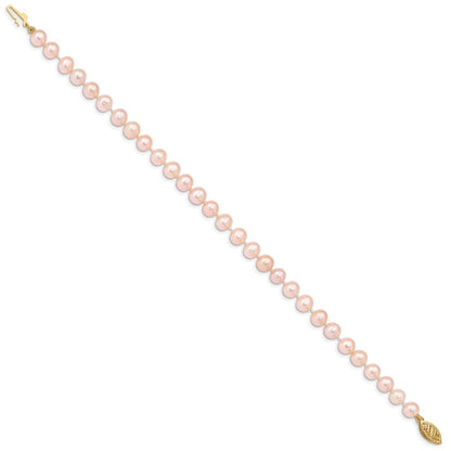 14k Yellow Gold 5-6mm Pink Near-Round Freshwater Cultured Pearl 7.5" Bracelet