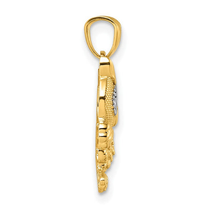 14k Yellow Gold & Rhodium Polished & Textured Owl Pendant for Women
