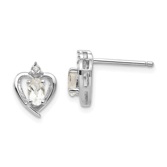 14k White Gold White Topaz and Diamond Heart Stud Earrings Gift for Women