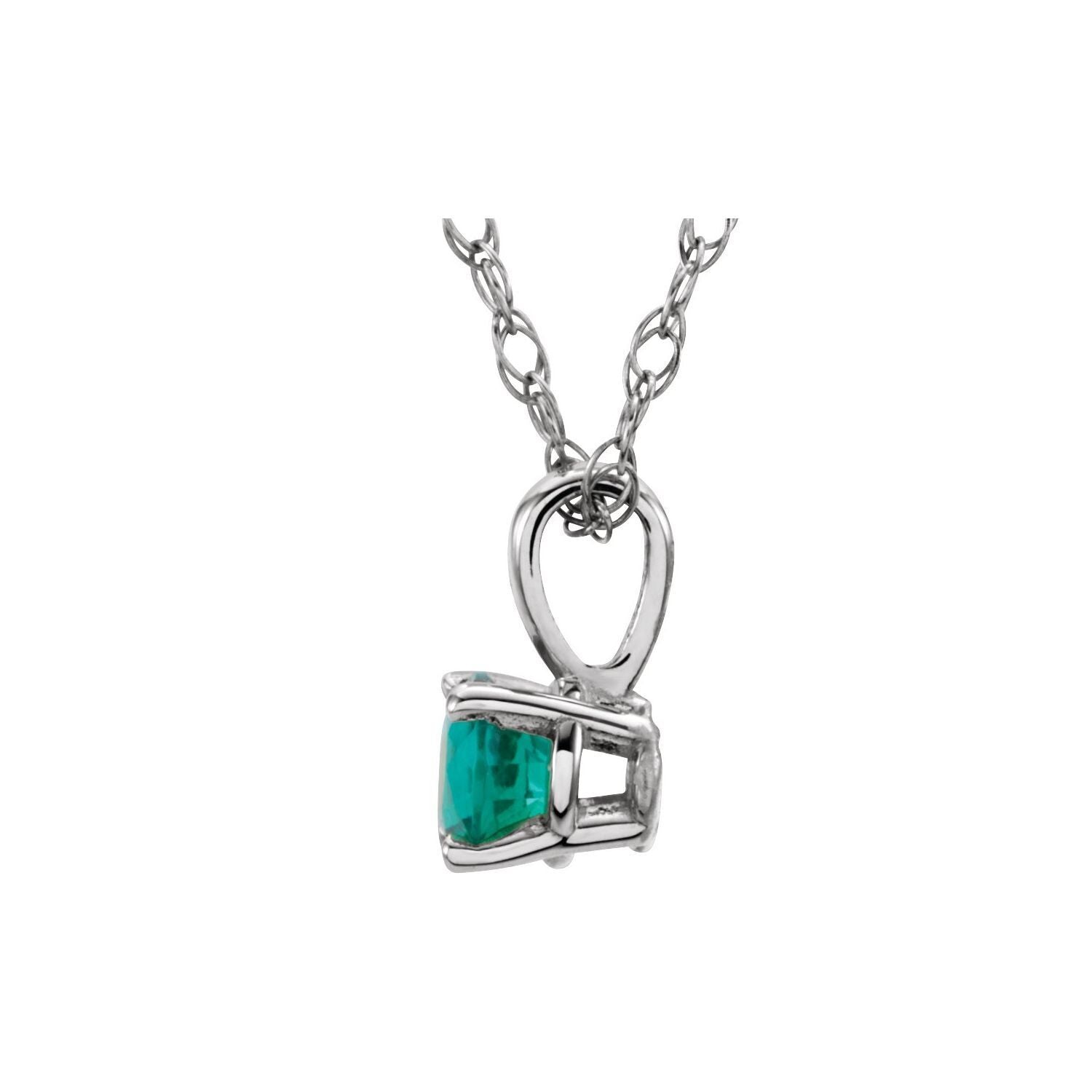 14k White Gold 3 mm Natural Emerald Youth Solitaire Pendant Necklace 14"