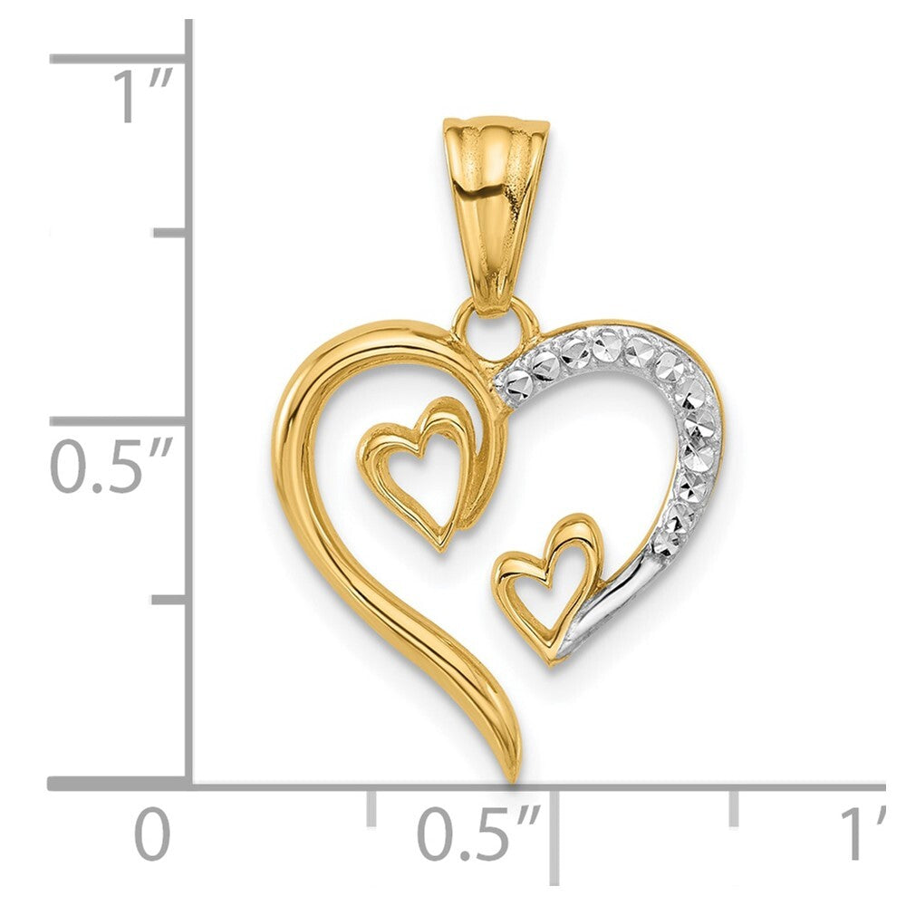 14k Yellow Gold with White Rhodium Diamond-cut Open Hearts Pendant for Women