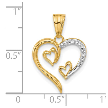 14k Yellow Gold with White Rhodium Diamond-cut Open Hearts Pendant for Women