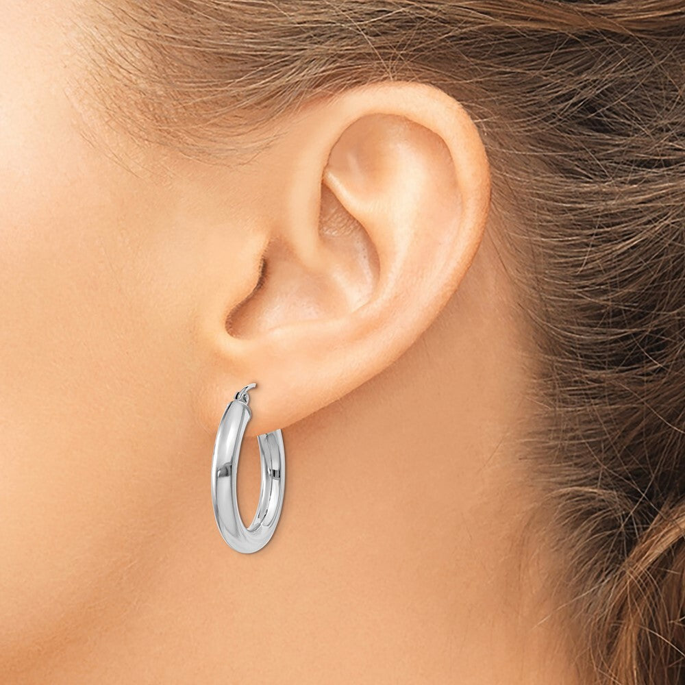 14K White Gold Polished 4mm Lightweight Tube Hoop Earrings Gift for Women