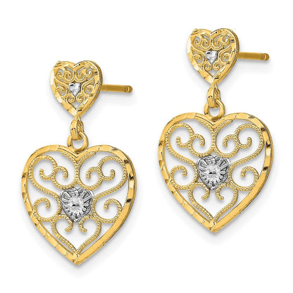 14k Yellow Gold RH Heart Beaded Filigree Dangle Earrings Gift for Women