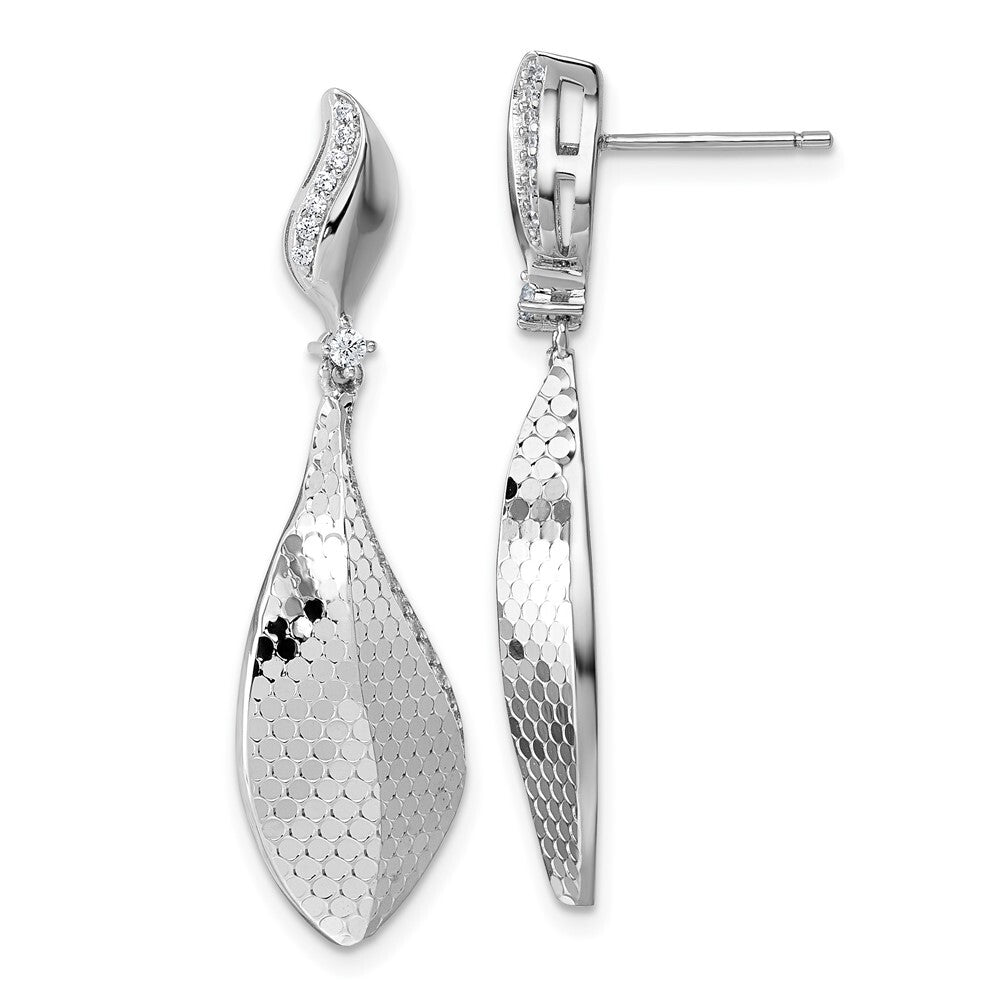Sterling Silver Cubic Zirconia Textured Tear Drop Dangle Post Earrings