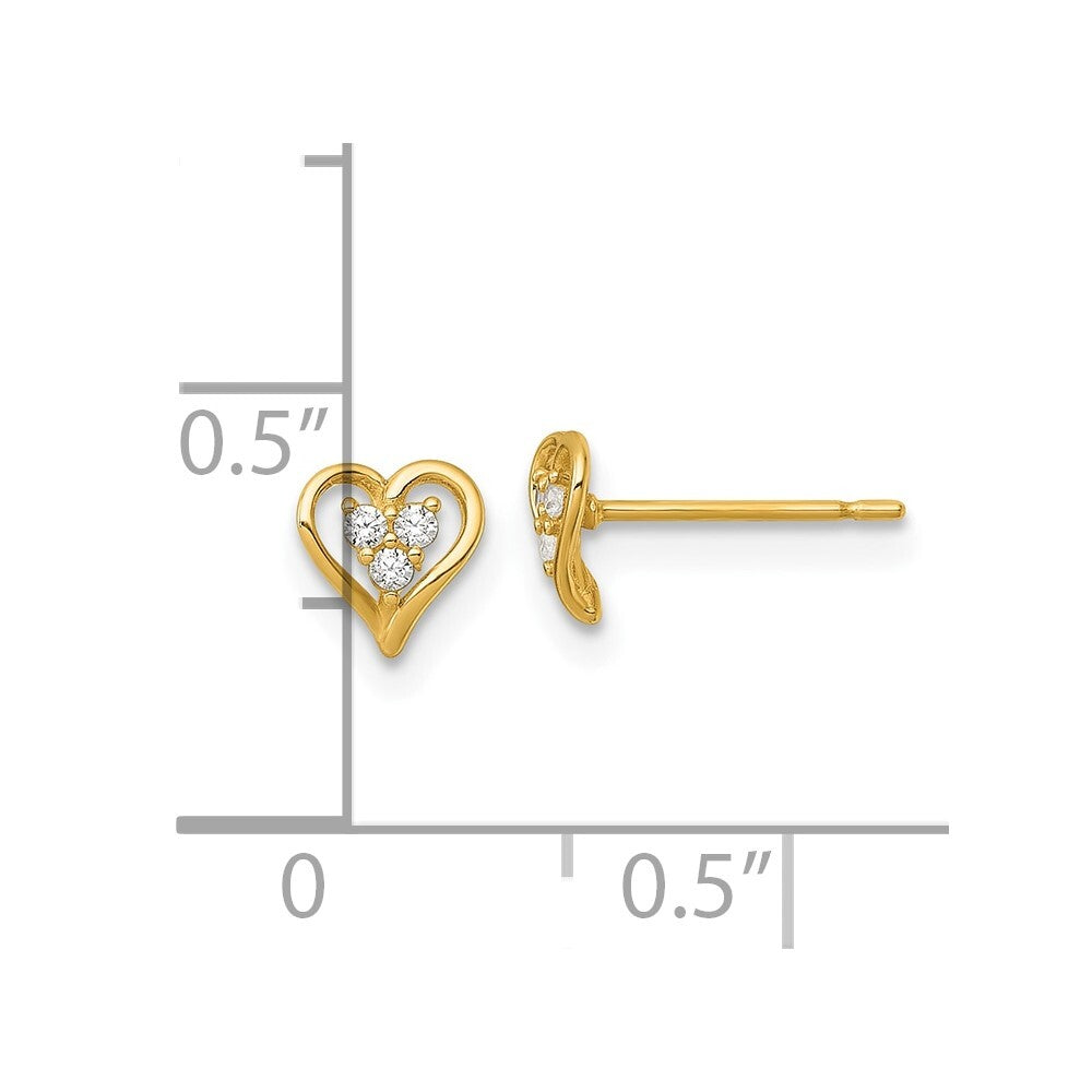 14k Yellow Gold Polished Cubic Zirconia Open Heart Stud Earrings Gift for Women