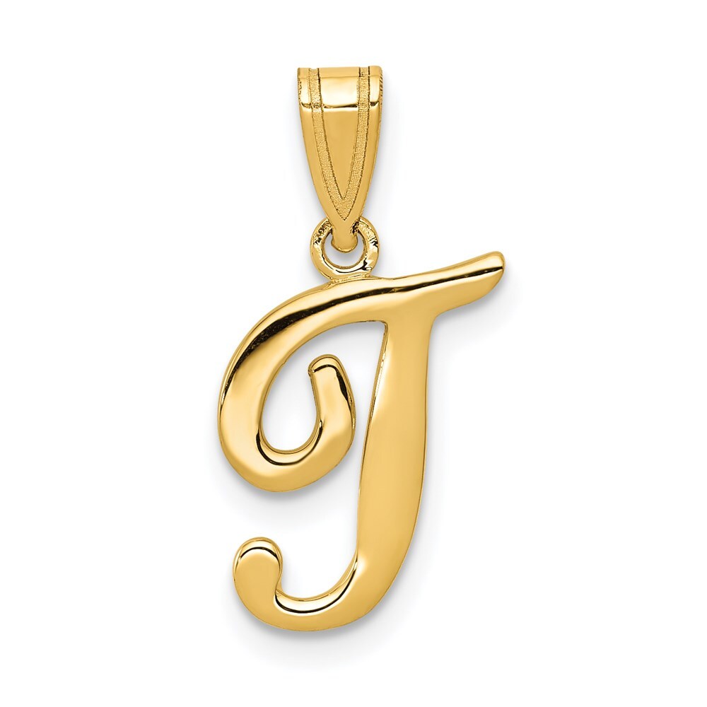 14k Yellow Gold Script Letter T Initial Pendant for Women