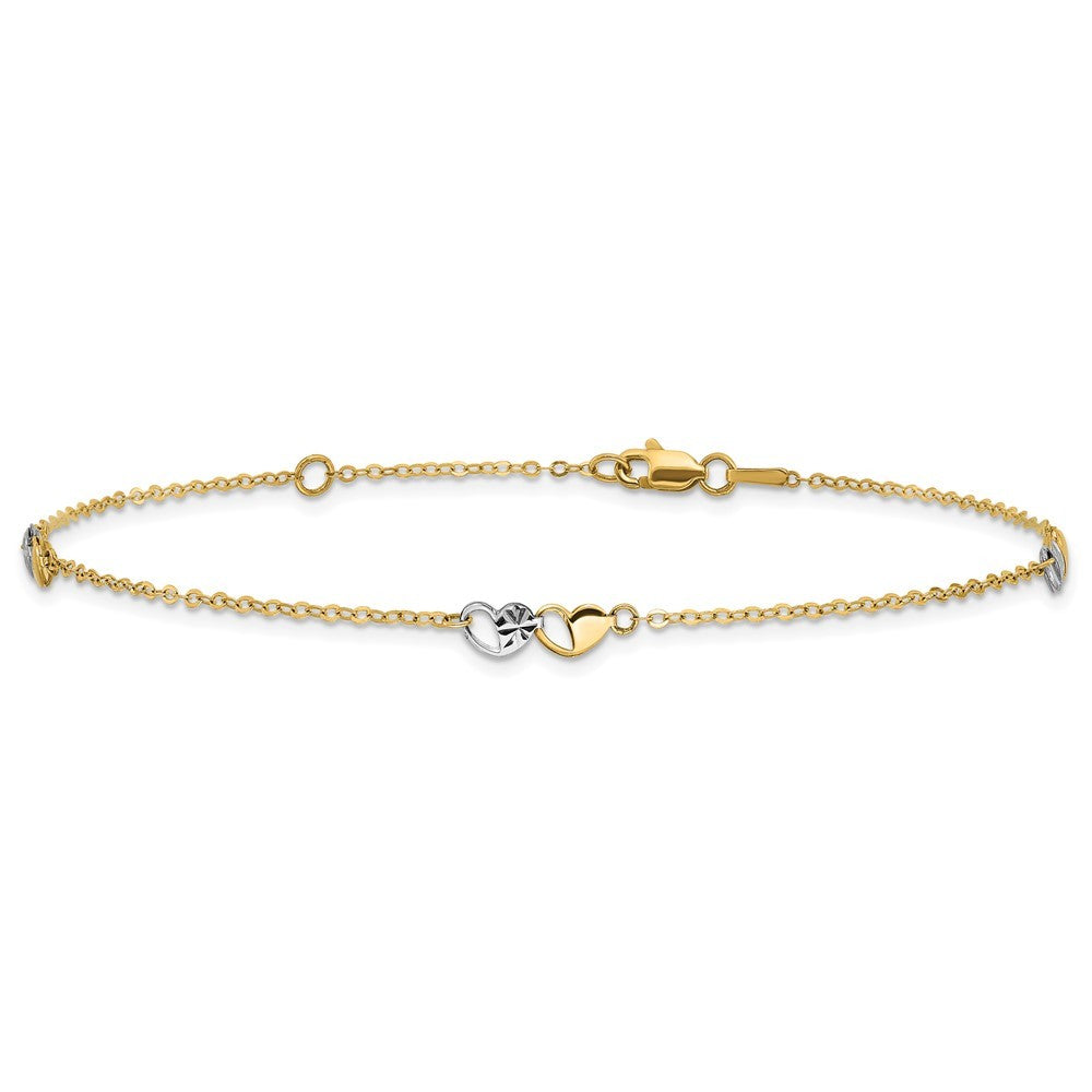 14k Two-tone Diamond-cut Double Hearts 3-Station 10" Anklet