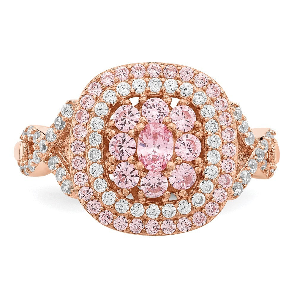 Sterling Silver Rose-plated Pink and White Cubic Zirconia Cushion Ring SZ 7 SZ 7