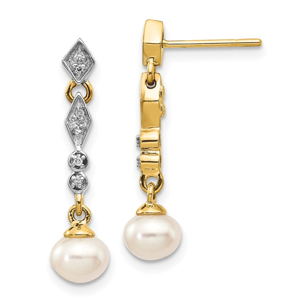 14k Yellow Gold Rhodium 5-6mm Semi-round FWC Pearl .04ct Diamond Earrings
