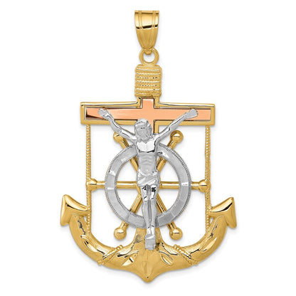 14k Tri-Color Gold Diamond-cut w Textured Mariner's Cross Pendant