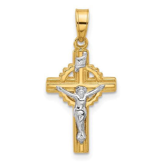 14k Two-tone Gold Hollow INRI Crucifix Pendent for Women
