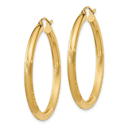 14k Yellow Gold Satin and Diamond-cut 3mm Round Hoop Earrings