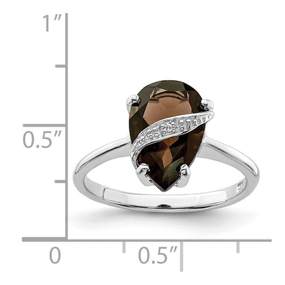 Sterling Silver Rhodium Pear Smoky Quartz & Diamond Ring Size 7