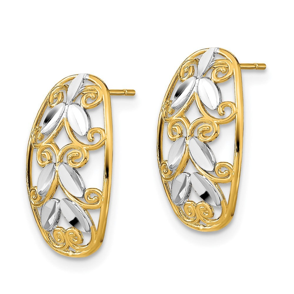 14k Yellow Gold w/Rhodium Oval Diamond-Cut Filigree Dangle Earrings