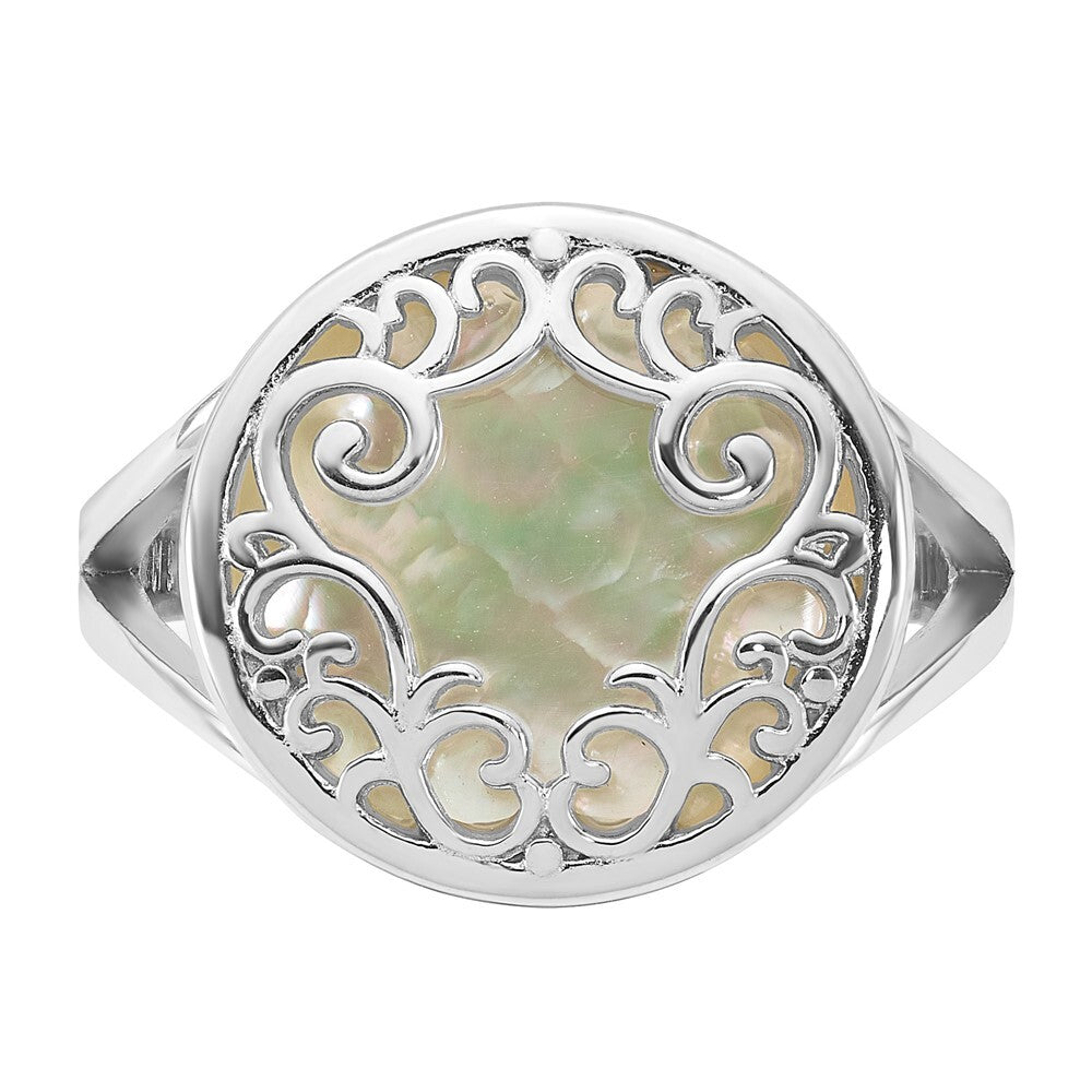Sterling Silver RH-plated Polished Filigree MOP Circle Ring Size 7