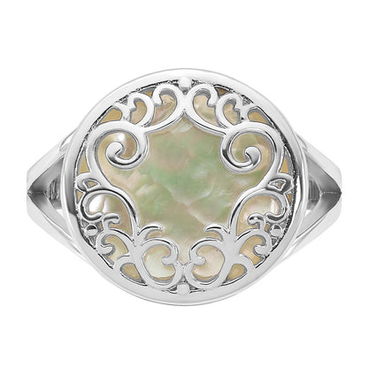 Sterling Silver RH-plated Polished Filigree MOP Circle Ring Size 7
