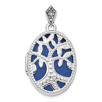 14k White Gold Diamond Tree 23mm Blue Fabric Locket Pendant for Women