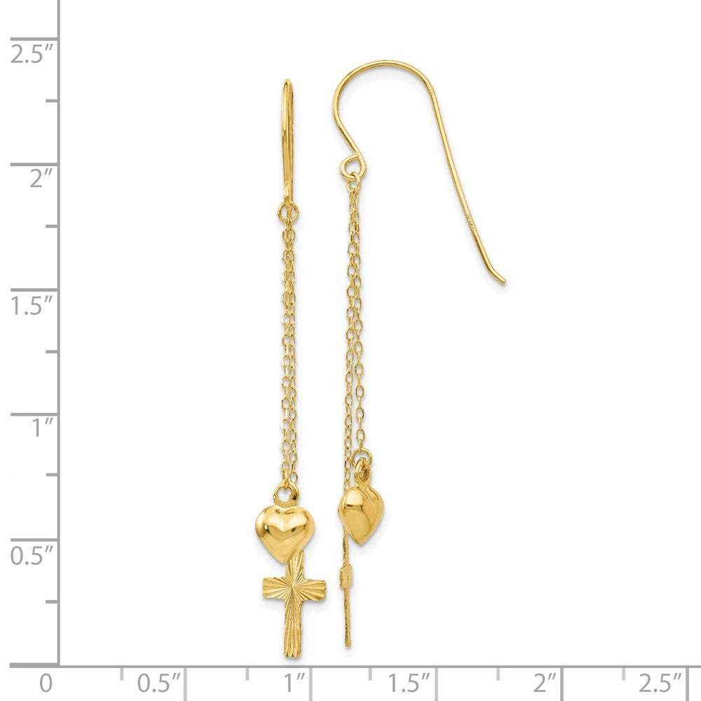 14k Yellow Gold Ropa Chain Puffed Heart and Diamond Cut Cross Dangle Earrings