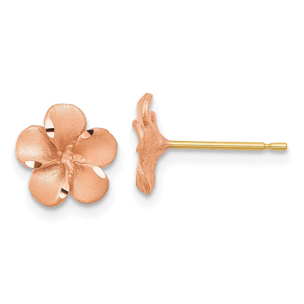 14k Yellow Gold Rose Rhodium Diamond-cut Plumeria with Yellow Gold Stud Earrings