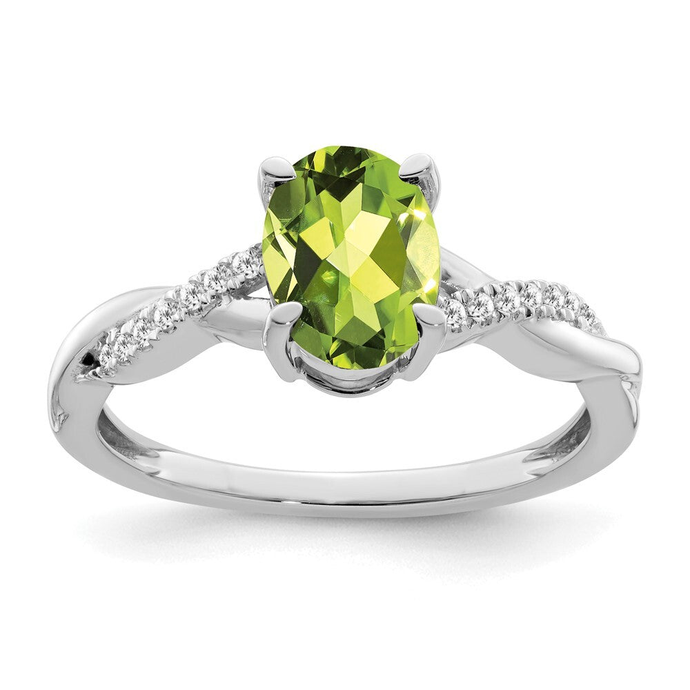 14k White Gold Oval Peridot and Diamond Ring Size 7