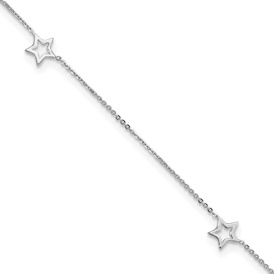 14K White Gold Open Star 3-Station 10" Anklet