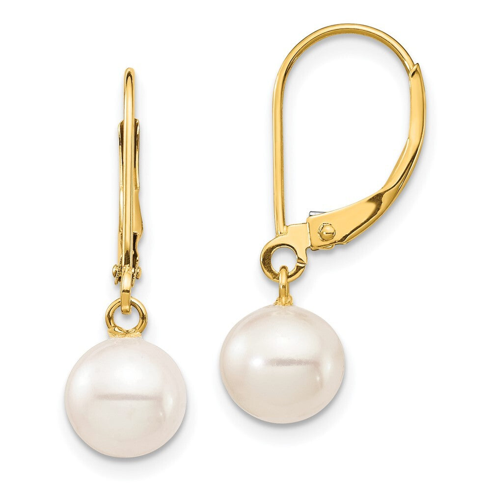 14k Yellow Gold 7-8mm Freshwater Cultured Pearl Dangle Leverback Earrings