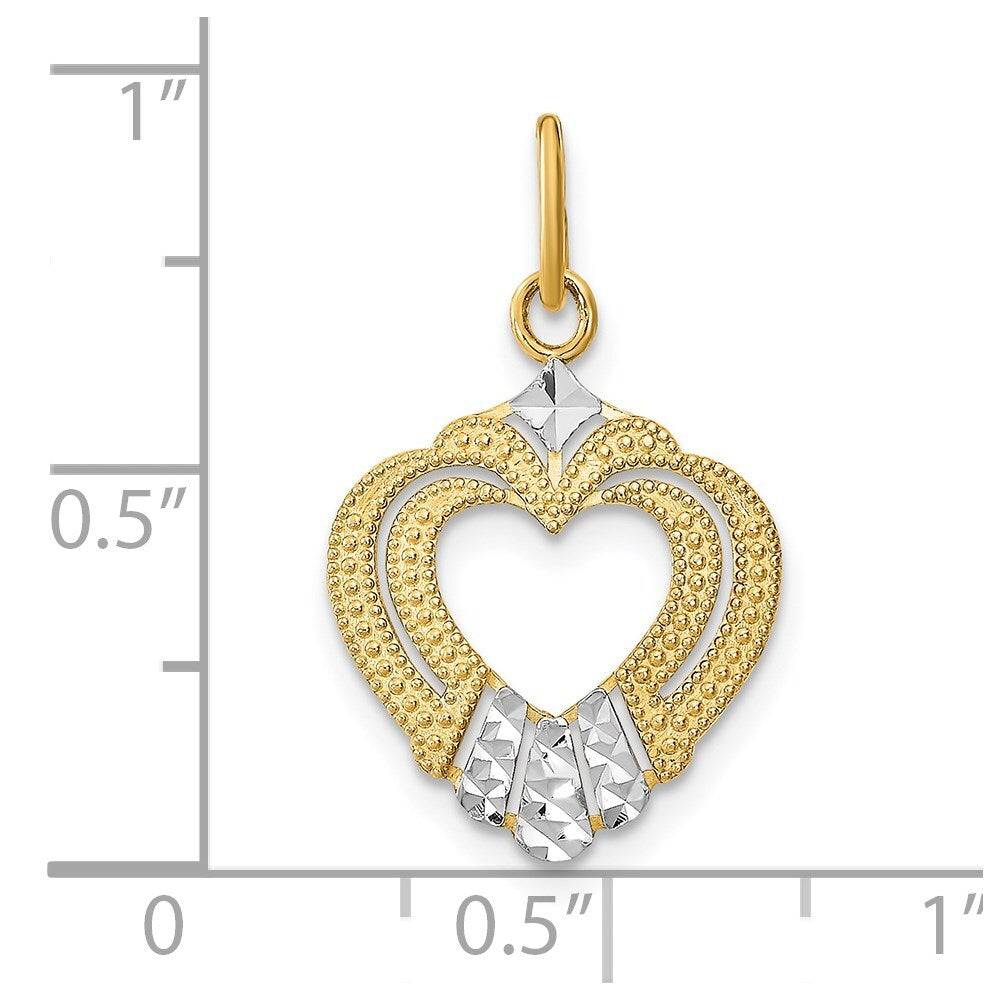 14k Yellow Gold Rhodium Diamond-cut Textured Heart Charm Pendant for Women